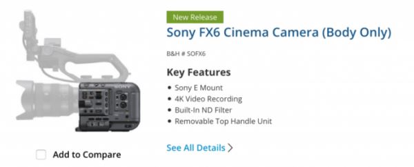 Sony зарегистрировали кинокамеру Sony FX6